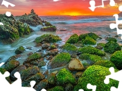Morze, Zachód słońca, Kamienie, Omszałe, Kalifornia, Stany Zjednoczone, Przylądek Point Mugu, Malibu, Skały
