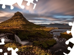 Rzeka, Islandia, Chmury, Wodospad Kirkjufellsfoss, Trawa, G