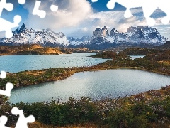 Chmury, Góry, Patagonia, Cordillera del Paine, Jeziora, Par