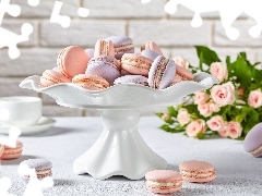 Filiżanka, Ciastka, Bukiet, Patera, Makaroniki, Róże, Rozmycie