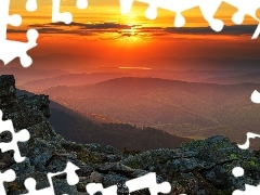 Góry, Mgła, Babia Góra, Skały, Zachód słońca, Beskidy, Polska