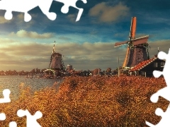 Rzeka Zaan, Trawy, Holandia, Skansen, Zaandam, Domki, Wiatraki, Zaanse Schans