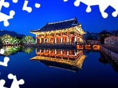Drzewa, Staw, Korea Południowa, Światła, Seul, Noc, Pała