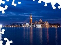 Wyspa San Giorgio, Żaglówki, Kościół San Giorgio Maggiore, Noc, Światło, Wenecja, Włochy, Latarnia
