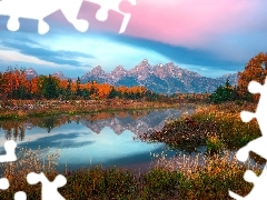 Snake River, Jesień, Drzewa, Pożółkłe, Chmury, Stany Zj