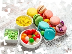Makaroniki, Słodycze, Kolorowe, Miseczki, Draże, Ciastka