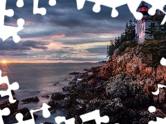 Bass Harbor Head Light, Morze, Stany Zjednoczone, Skały, Stan Maine, Latarnia morska, Park Narodowy Acadia, Chmury