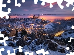 Rzeka Tag, Domy, Toledo, Światła, Miasto, Zima, Hiszpania