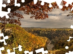 Lasy, Rzeka, Gałęzie, Góry, Jesień, Drzewa, Chmury