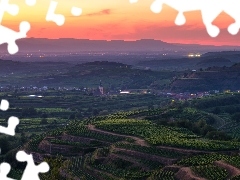 Wzgórza, Kaiserstuhl, Winnice, Zachód słońca, Niemcy, Plantacje, Drzewa Farmy i pola