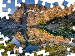 Sierra Nevada, Góry, Odbicie, Skały, Kalifornia, Stany Zjednoczone, Jezioro, Lake Iceberg, Człowiek