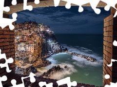 Okno, Morze, Domy, Włochy, Manarola, Noc