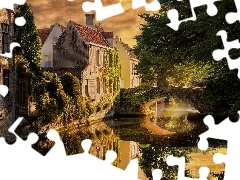 Rzeka, Domy, Belgia, Drzewo, Brugia, Most, Domy, Kanał wodn