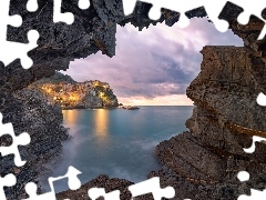 Domy, Gmina Riomaggiore, Cinque Terre, Chmury, Morze Liguryj