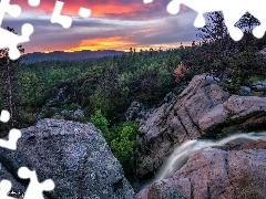 Prescott, Zachód słońca, Drzewa, Skały, Wolf Creek, Ariz