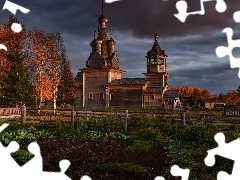 Chmury, Drzewa, Cerkiew, Ogrodzenie, Jesień