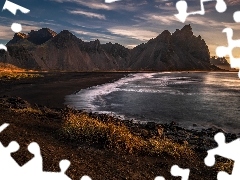 Chmury, Góra Vestrahorn, Ciemny, Trawa, Piasek, Islandia, P