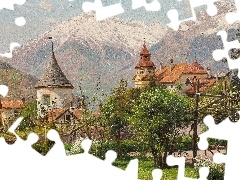 Obraz, Malarstwo, Peder Mork Monsted, Zamek Winkel, Południowy Tyrol, Włochy, Drzewa, Góry, Domy