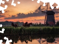 Rzeka, Zachód słońca, Łąka, Konie, Wiatrak