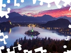 Alpy Julijskie, Bled, Jezioro Bled, Chmury, Kościół, Sło