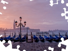 Bazylika San Giorgio Maggiore, Canal Grande, Przystań, Wenecja, Gondole, Cieśnina, Latarnia, Włochy, Chmury, Łodzie