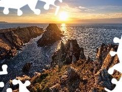 Morze, Irlandia, Zachód słońca, Przylądek Malin Head, Skały, Hrabstwo Donegal