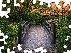 Drzewa, Ogród japoński, Krzewy, Jesień, Stany Zjednoczone, Mostek, Portland, Oregon, Portland Japanese Garden