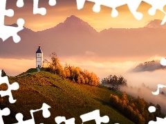 Wzgórze, Góry, Słowenia, Drzewa, Wieś Jamnik, Mgła, Ko