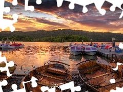 Przystań, Motorówki, Kumbria, Łódki, Jezioro Windermere, Zachód słońca, Anglia