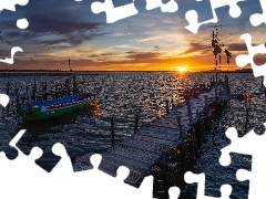 Pomosty, Porto Palafita da Carrasqueira, Zachód słońca, Jezioro, Port, Łódka, Portugalia