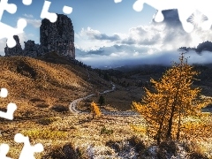 Jesień, Torre Grande, Mgła, Skały, Włochy, Promienie sł