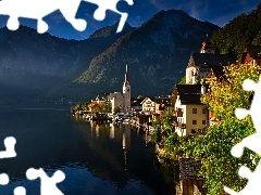 Hallstatt, Austria, Góry, Jezioro Hallstattersee, Drzewa, P