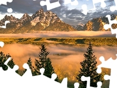 Las, Park Narodowy Grand Teton, Chmury, Drzewa, Rzeka, Stany