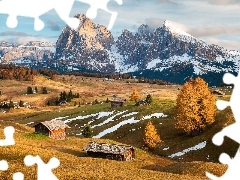 Domy, Sassolungo, Dolina, Ośnieżone, Seiser Alm, Drewniane
