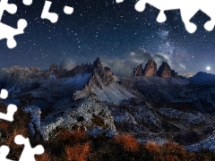Tre Cime di Lavaredo, Noc, Włochy, Niebo, Droga Mleczna, Do