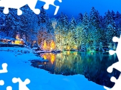 Drzewa, Zima, Jezioro Blausee, Szwajcaria, Ĺnieg, Las