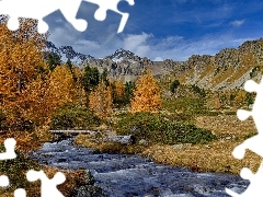 Góry, Jesień, Rzeka, Drzewa, Kanton Gryzonia, Szwajcaria, Dolina, Valle di Campo, Modrzewie