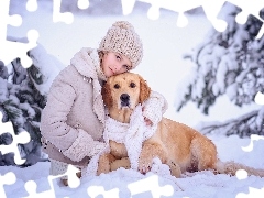 Golden retriever, Dziewczynka, Śnieg, Szalik, Zima, Pies