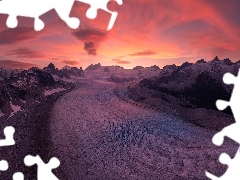 Kaskawulsh Glacier, GĂłry, Kanada, ZachĂłd sĹoĹca,