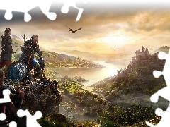 Eivor, Mężczyzna, Zamek, Postacie, Góry, Assassins Creed Valhalla, Gra, Rzeka
