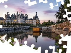 Zamek, Chambord, Most, Rzeka Cosson, Francja, Chateau de Chambord, Drzewa