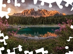 Alpy, Lago di Carezza, Południowy Tyrol, Góry, Jezioro, Do
