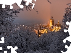 Zima, Zamek Wernigerode, Powiat Harz, Drzewa, Oświetlony, Wernigerode, Niemcy