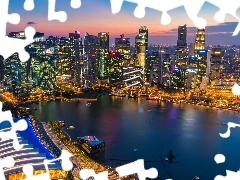 Most, Zachód słońca, Marina Bay, Singapur, Zatoka, Wieżo
