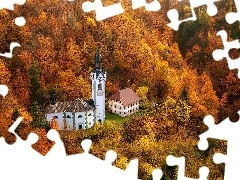 Kościół, Dom, Drzewa, Jesień, Las