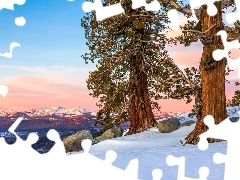Ĺnieg, Kamienie, Carson Pass, Drzewa, ZachĂłd sĹoĹca, Kalifornia, GĂłry, Zima, Stany Zjednoczone, Sosny, Niebo, Drzewa