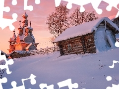 Domy, Zima, Rosja, Śnieg, Region archangielski, Drewniane, 