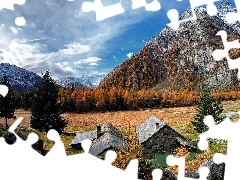 Dolina, Jesień, Drzewa, Kamienie, Domy, Góry
