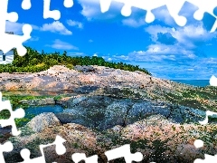 Kaplica, Kościół, Skały, Kałuża, Prowincja Quebec, Kanada, Chmury, Port au Persil, Drzewa