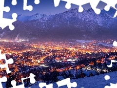 Oświetlone, Zima, Zakopane, Polska, Miasto, Góry